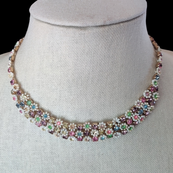 Vintage Jewelry - Vintage short colorful rhinestone flower necklace